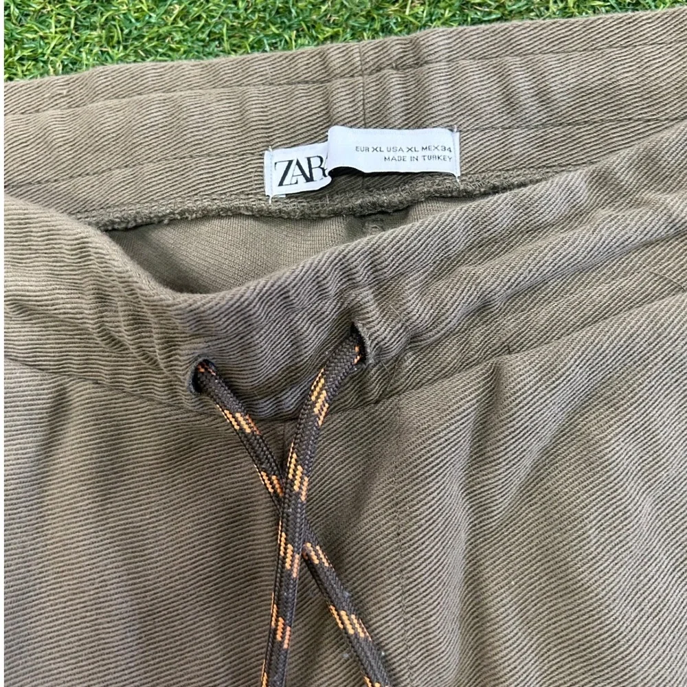 Zara Man Cargo Joggers Olive Taupe Textured Drawstring Pants XL